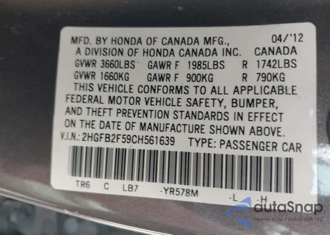 2012 Honda Civic Lx z USA, uszkodzony, nr VIN 2HGFB2F59CH561639